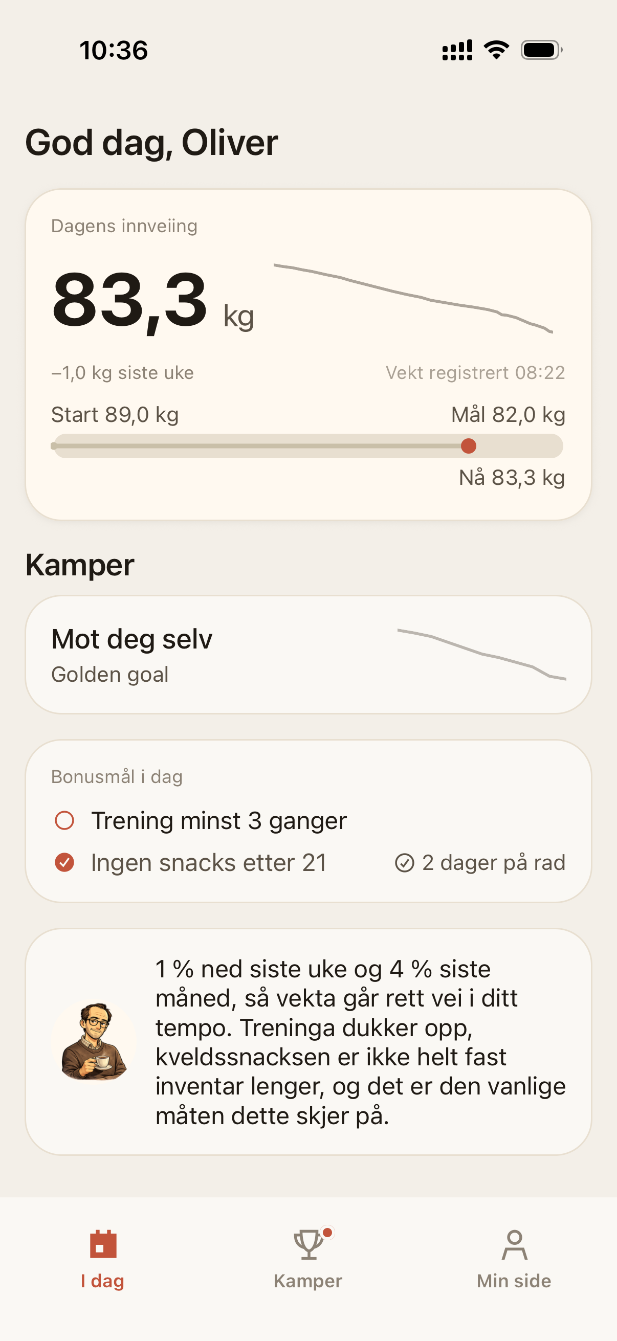 I dag-skjermen med dagens innveiing og coach-melding